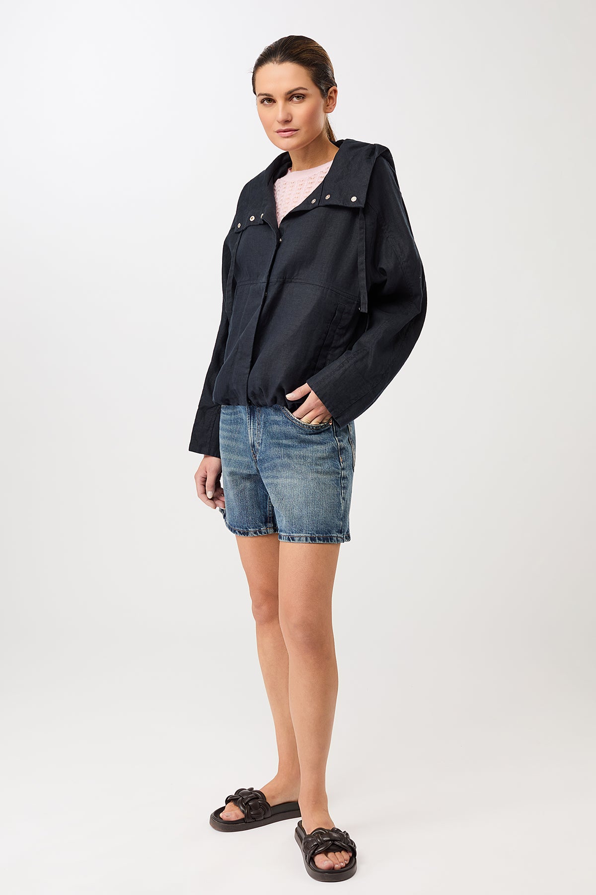 langerchen-lockere-jacke-mit-kordelzug-in-kapuze-kurze-jacke-navy image 1